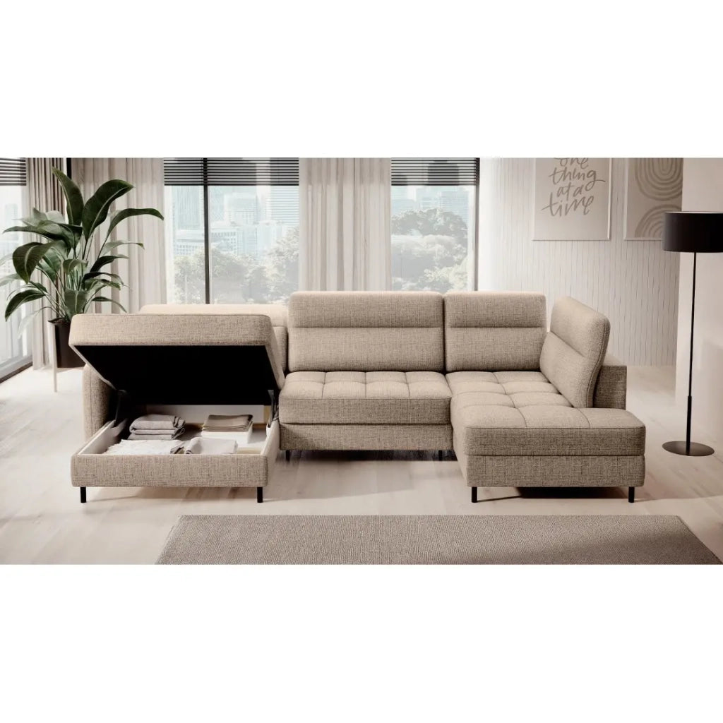 Divano angolare convertibile BERTHO 306 cm beige chiaro – Angolo sinistro con contenitore