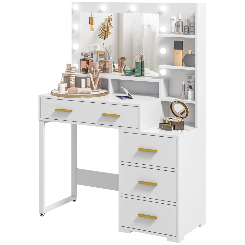 EasyComfort Tavolo da Trucco in Legno con 4 Cassetti, 6 Ripiani Aperti e Specchio, 100x40x138 cm, Bianco