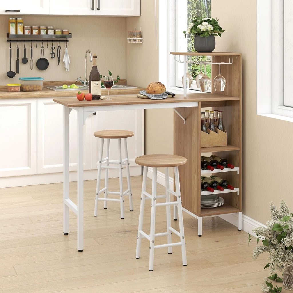 Set 3 Pezzi Tavolo e Sedie da Bar, Tavolo e Sgabelli da Pub Industriale con Porta Calici e 6 Portabottiglie da Vino, Set di Tavolo per Sala da Pranzo, Ristorante e Bar (Legno)