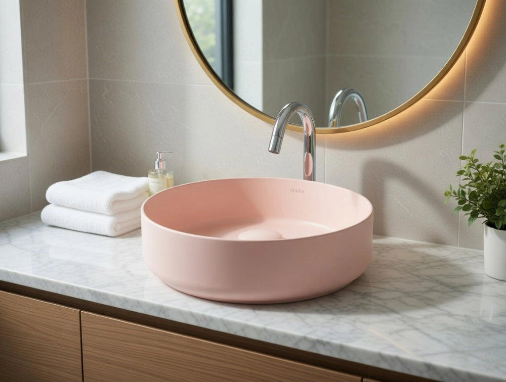 Lavabo tondo da appoggio senza troppo pieno in ceramica senza foro rubinetto - Salmone Opaco