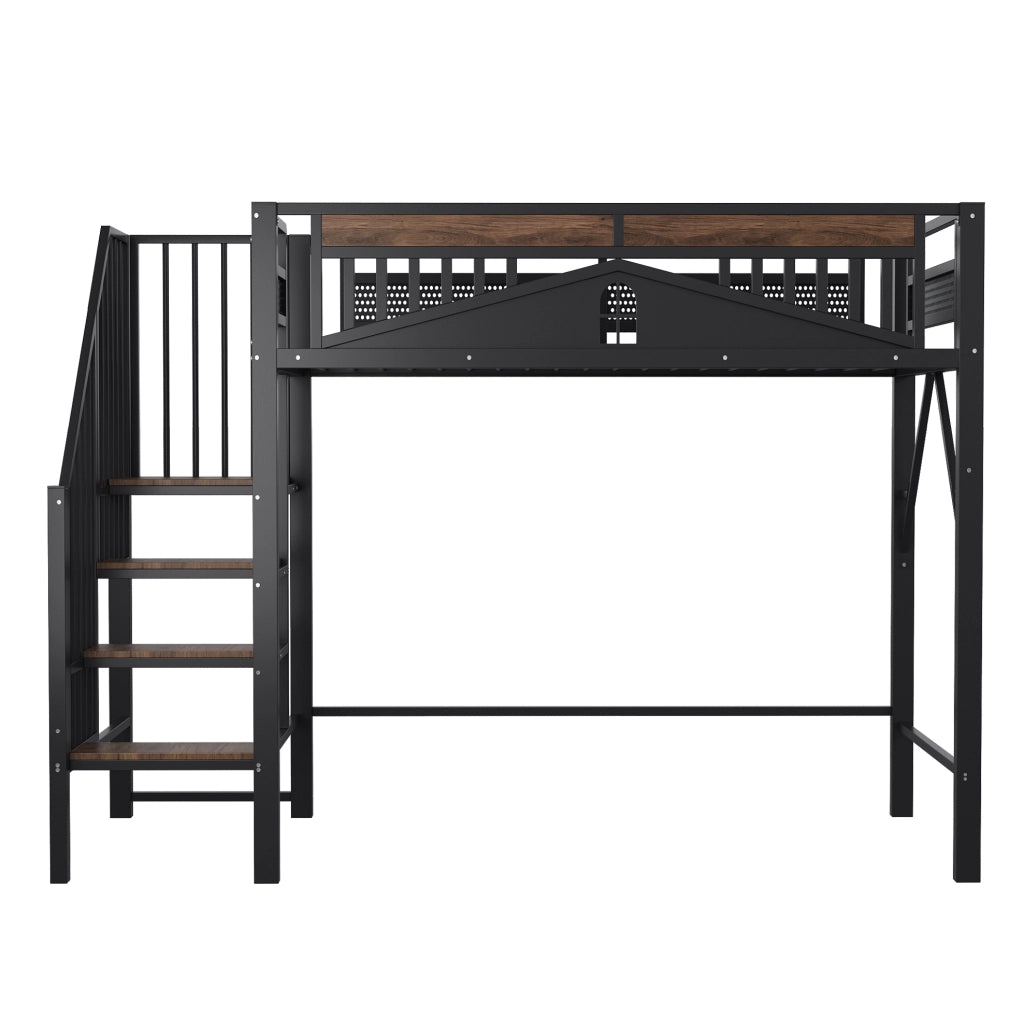 Letto a soppalco 90x200 cm con scala di sicurezza e vani portaoggetti in metallo nero