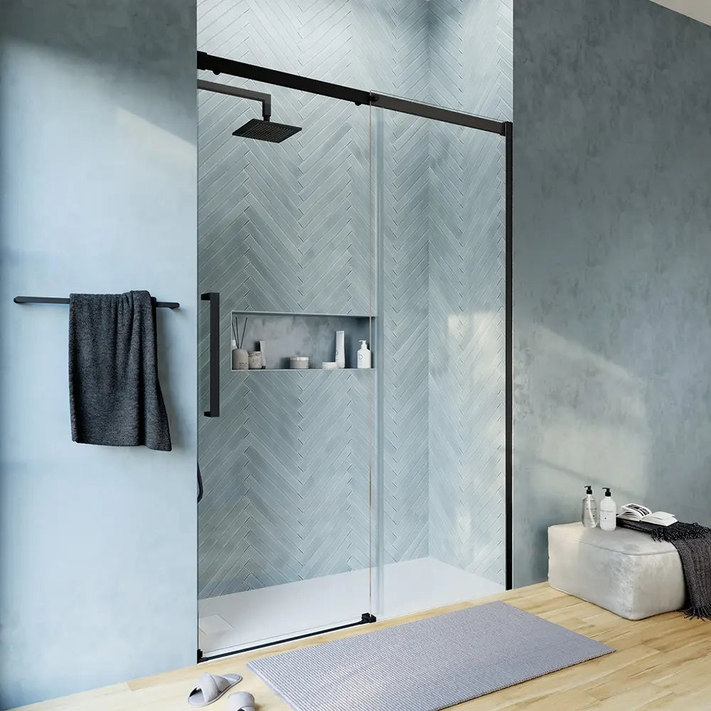 Porta doccia 120cm apertura scorrevole profili nero opaco vetro 8mm h195 | Antille