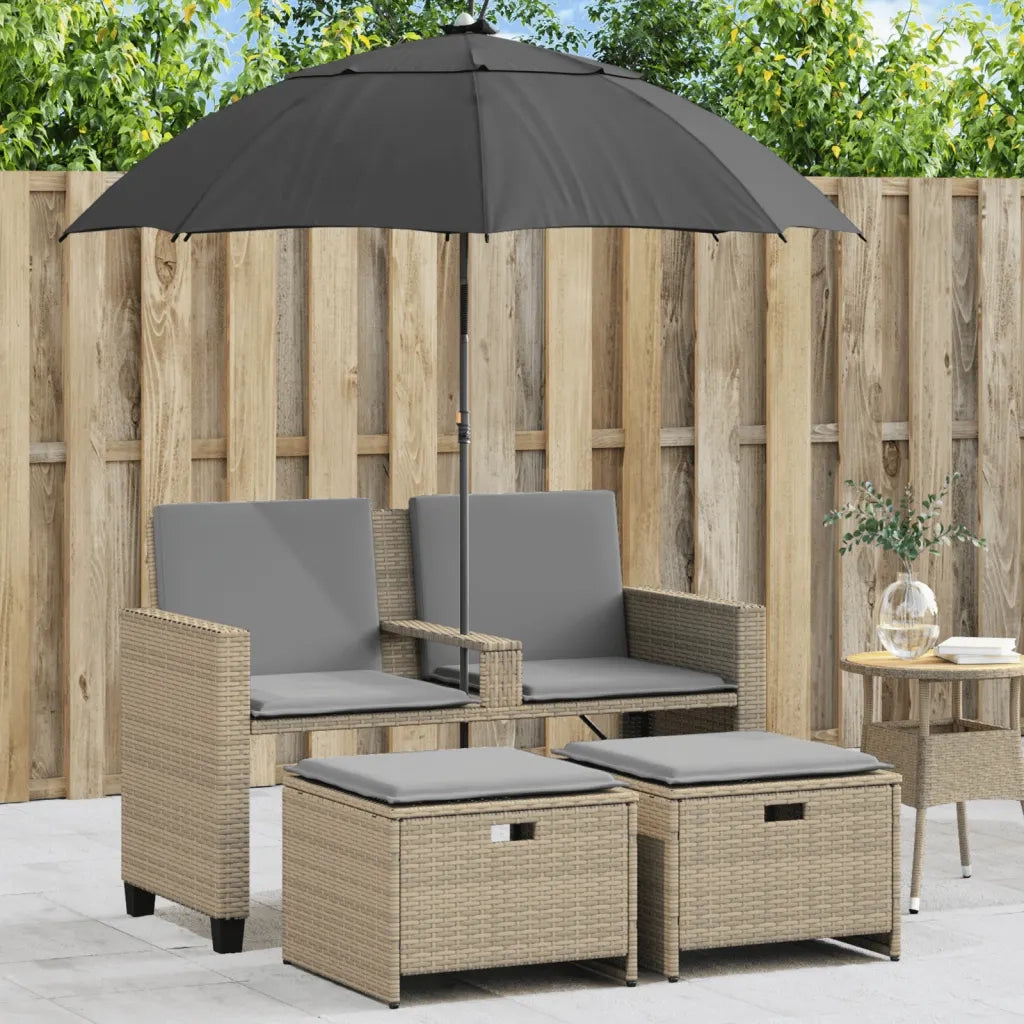 Divano Giardino 2 Posti-Sofa da Giardino-Divanetto da esterno Ombrellone e Sgabelli Beige Polyrattan 477963
