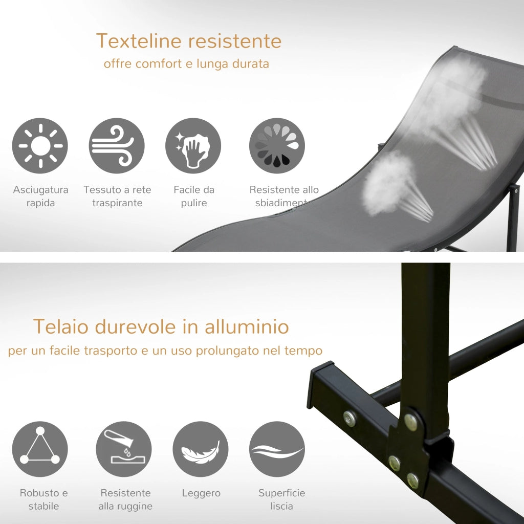 Set 2 Lettini Prendisole Pieghevoli 61x165x63 cm in Alluminio e Textilene Nero e Grigio Scuro