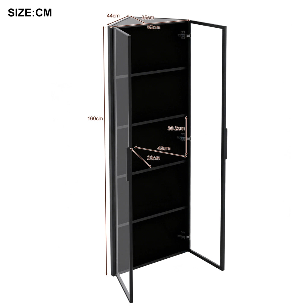 Vetrina angolare con LED 62x35x160 cm in MDF e vetro; nera