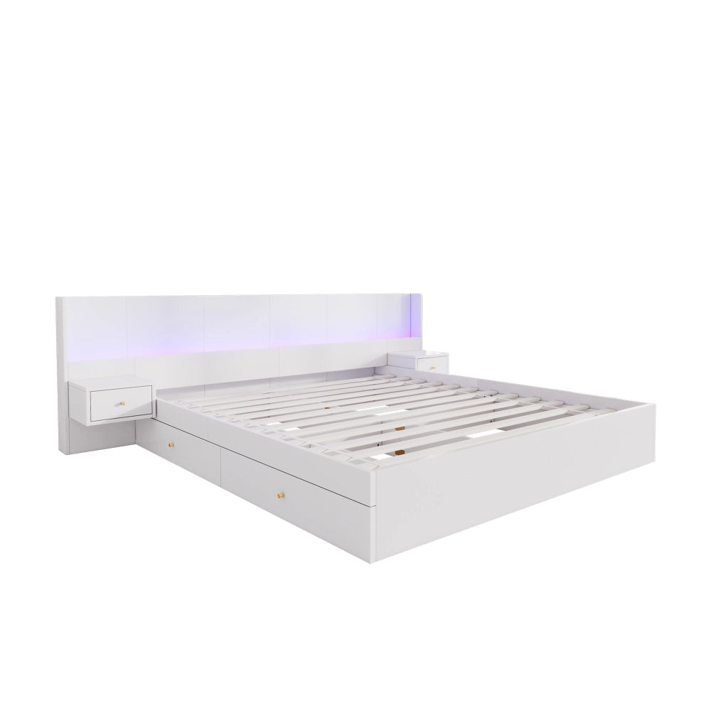 Letto Matrimoniale 180x200 cm; 2 Posti - USB; Presa; LED via app; 2 Cassetti - MDF - Bianco