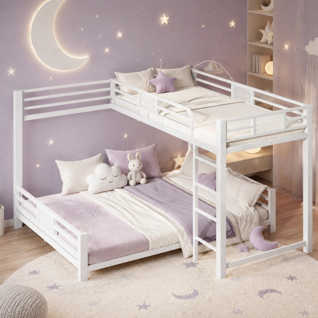 Letto a castello angolare in metallo 90x200/140x200 bianco