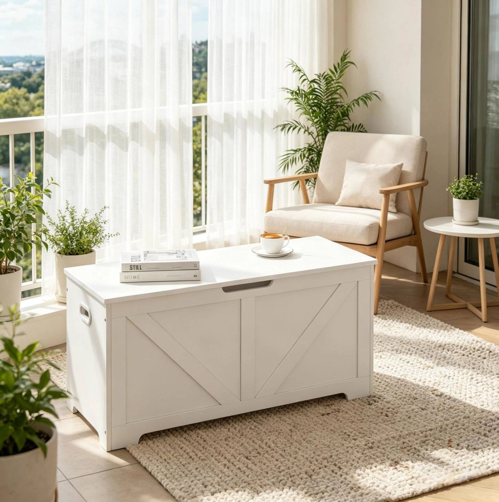 Panca contenitore con coperchio a cerniera; 76 L; in legno composito bianco