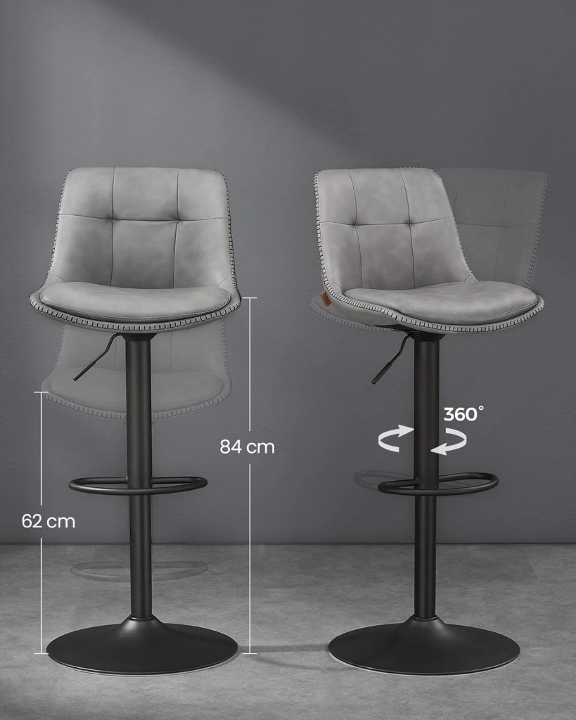 VASAGLE Set di 2 Sgabelli da Bar, Sedie da Bar Girevoli Regolabili in Altezza, PU Trapunta, Sedie da Cucina con Schienale e Poggiapiedi, Sala da Pranzo, Bancone, Acciaio, Grigio Tortora LJB095G01