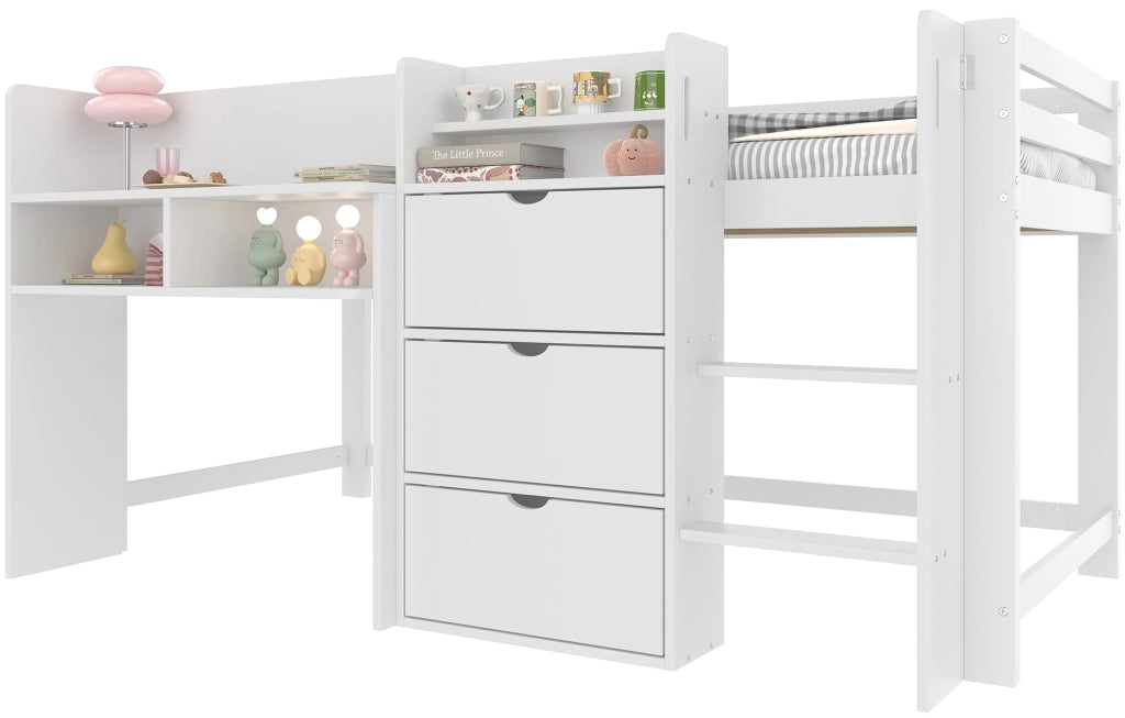 Letto alto bianco in pino con vani di stoccaggio e zona intrattenimento 90x200 cm
