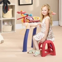 Pianola per Bambini 3-6 Anni con Sgabello, Microfono, Tamburo e Bacchette, in PP e ABS, 74x32.2x71 cm