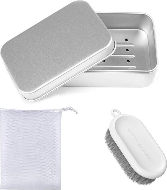 Set di Sapone per Viaggio - Scatola di Sapone in Alluminio Idrorepellente - Filtro e Sacchetto di Sapone in Sisal - Casa e Strada - Set a 2 pezzi