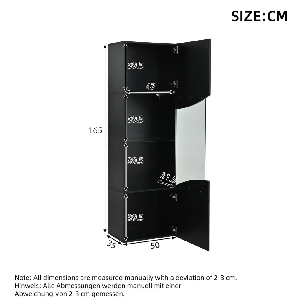 Vetrina ULEVR 35x50x165 cm con 4 ripiani, LED USB e vetro temperato, nero lucido