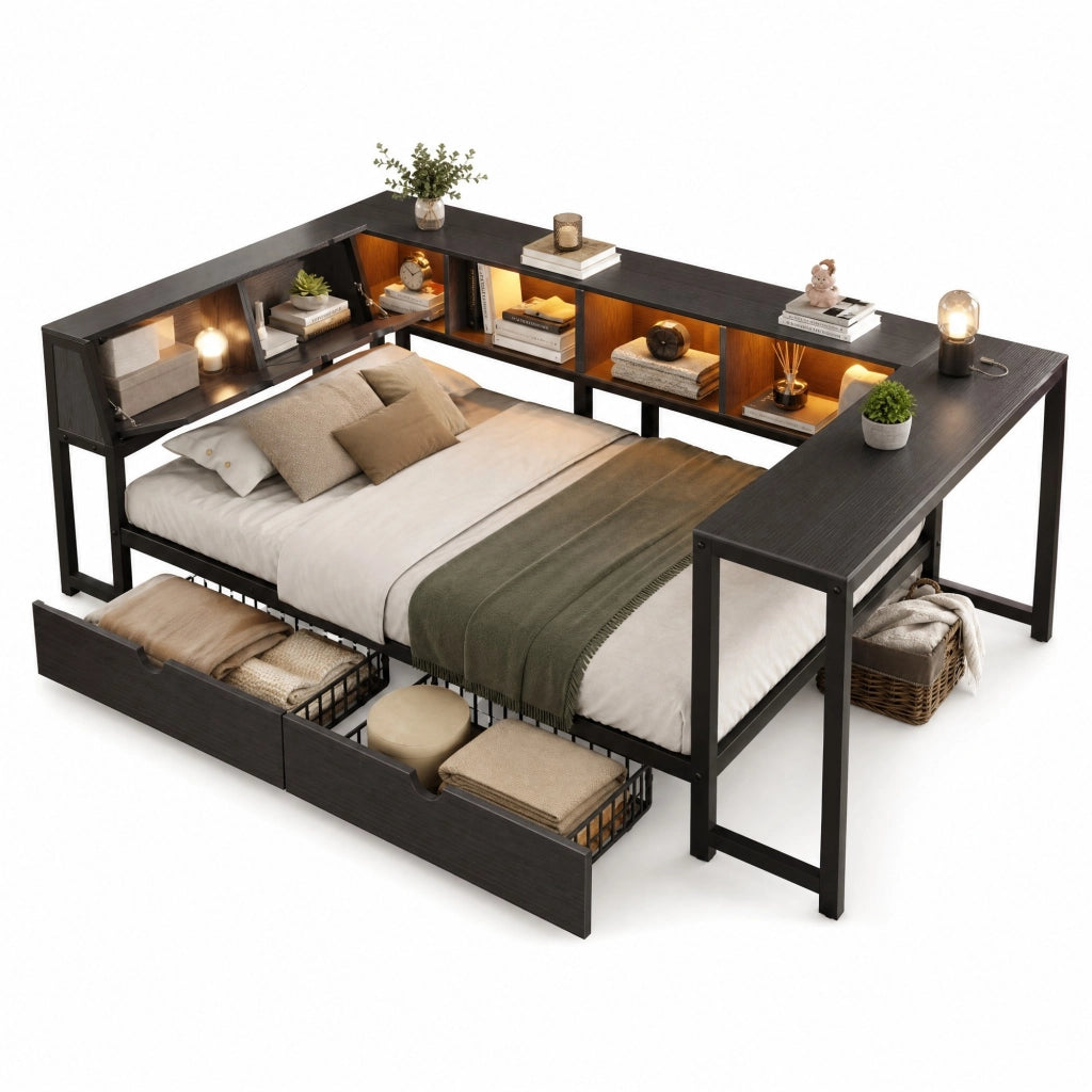 Letto 90x200 cm con scrivania, 2 cassetti, LED e testiera contenitore in MDF e metallo nero