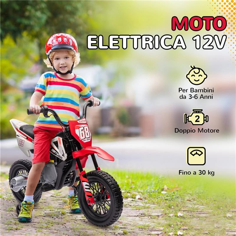 MOTO ELETTRICA PER BAMBINI CON ROTELLE E INDICATORE DI CARICA IN PP E METALLO 107X56X70 CM ROSSO