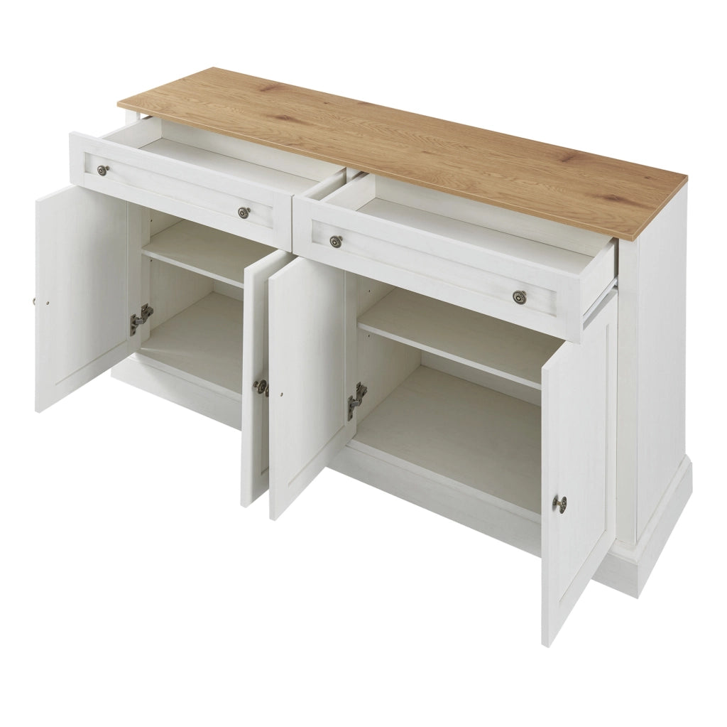 Madia 150x40x86 cm con 4 ante e 2 cassetti; bianco e colore naturale