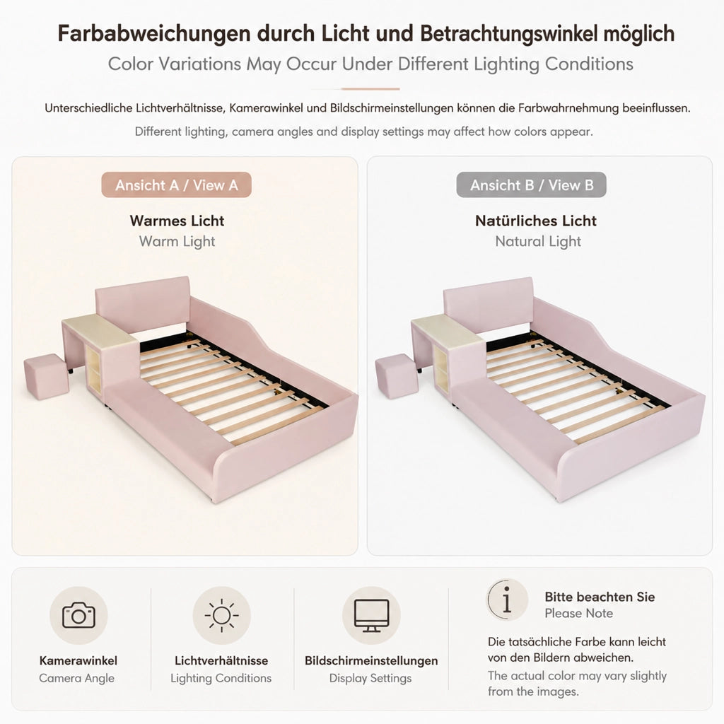 Letto per bambini 90 × 200 cm con scrivania, sgabello et ripiano, senza materasso, in velluto, rosa
