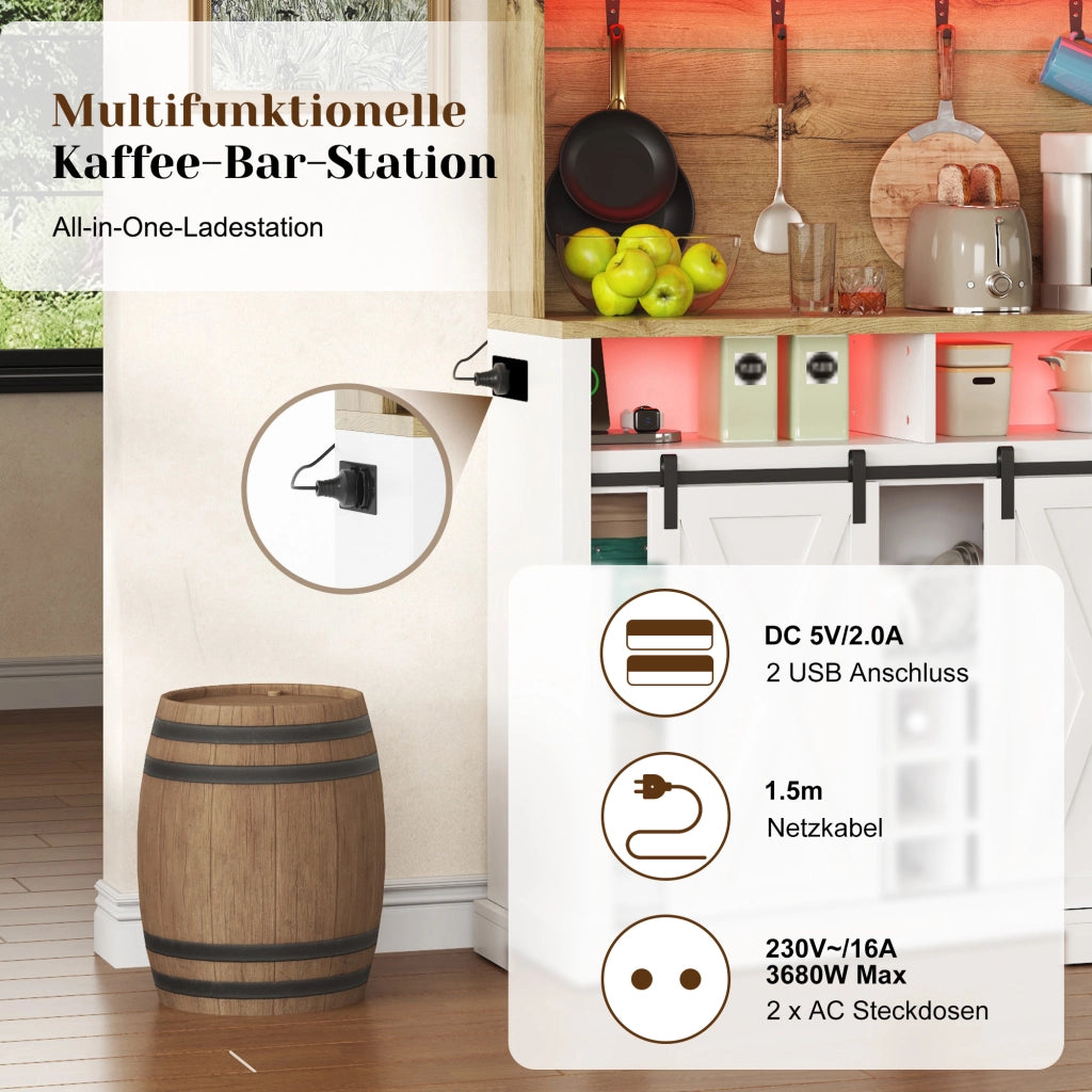 Credenza alta da cucina con LED e prese USB, per cucina e sala da pranzo, in MDF, bianco naturale, 110 × 40 × 191 cm