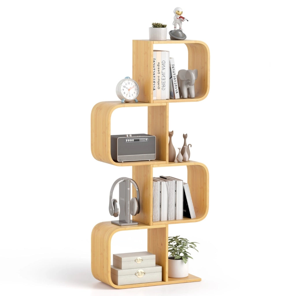 Libreria a 4 livelli a forma di S mensola in bamb¨´ con 4 cubi aperti, Libreria per esposizione per riporre Naturale-Scaffali e librerie