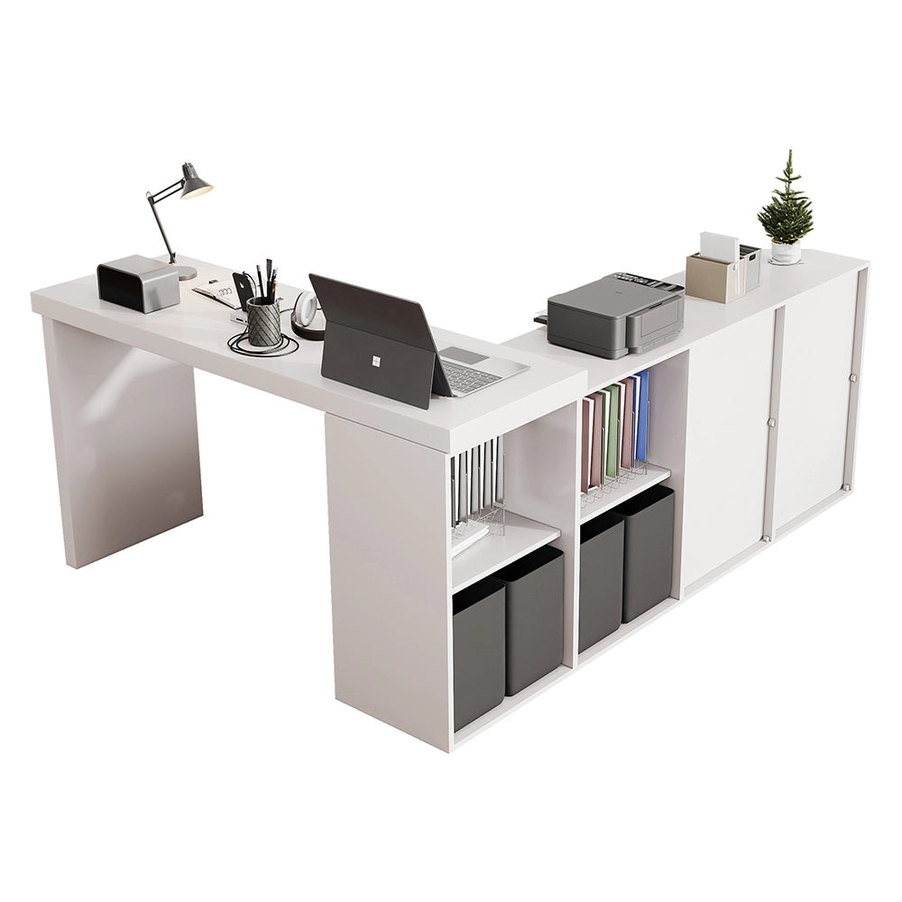 Tavolo angolare rotante 360?? - Xylo - MDF 4 cm, 4 scomparti, 4 cassetti, bianco, disposizione L/lineare