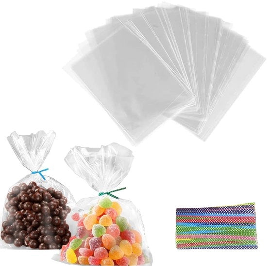 Confezioni per caramelle in cellofaan - 200 pezzi - 10 x 15 cm - Cinture metalliche - Sacchetti per caramelle - Regali per gli ospiti - Striscia di chiusura ermetica