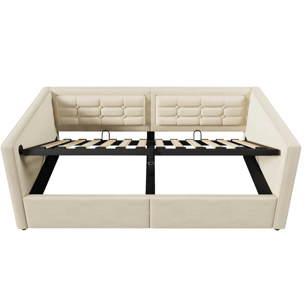 Letto imbottito 90x200 cm con contenitore idraulico; USB e Type-C; velluto beige