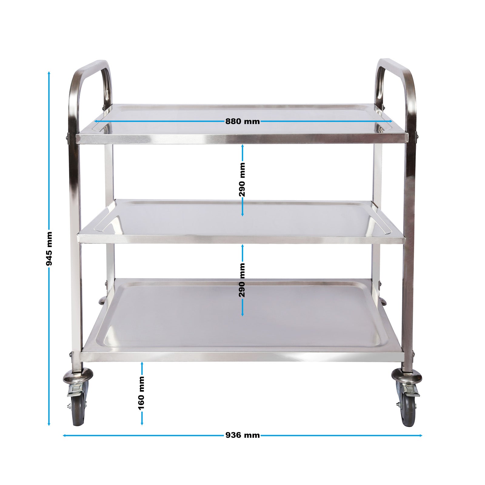 Carrello portavivande in acciaio inox 3 ripiani freni max 150kg Carrello da cucina