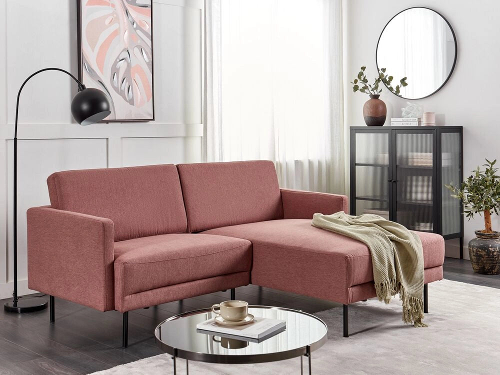 Divano angolare sinistro in poliestere rosa scuro 192 x 155 Divano a 2 posti imbottito con gambe in metallo, tessuto e schienale imbottito, moderno e minimalista