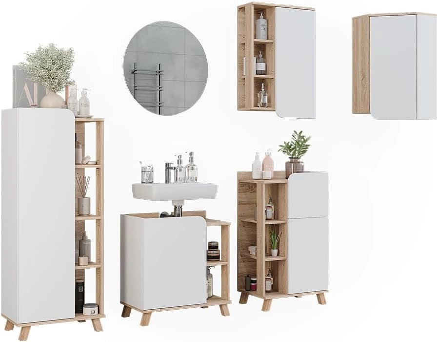 Set di mobili da bagno Karen, Sonoma/Bianco, 60 cm, composto da specchio, pensile, pensile angolare, armadio medio, base lavabo e base