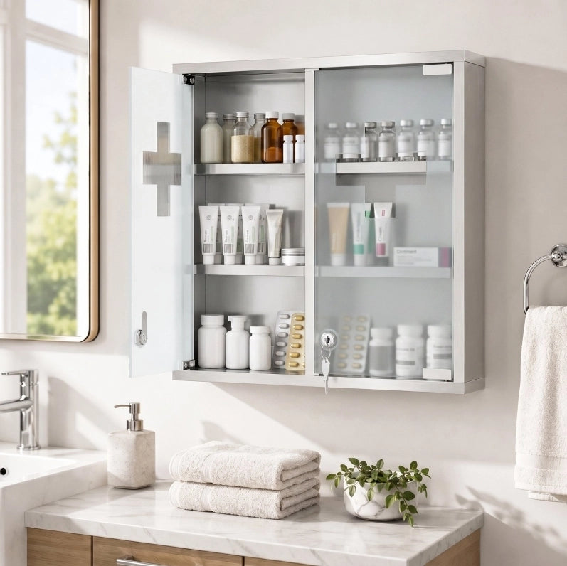 Armadio Medico con Serratura, 6 Ripiani, Porta in Vetro Satinato, Acciaio Inox Argento, 48x46x12 cm, Montaggio a Parete
