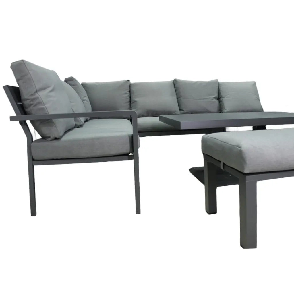 Salotto da giardino ad angolo 7 posti in alluminio grigio con tavolo regolabile e pouf – FERONA