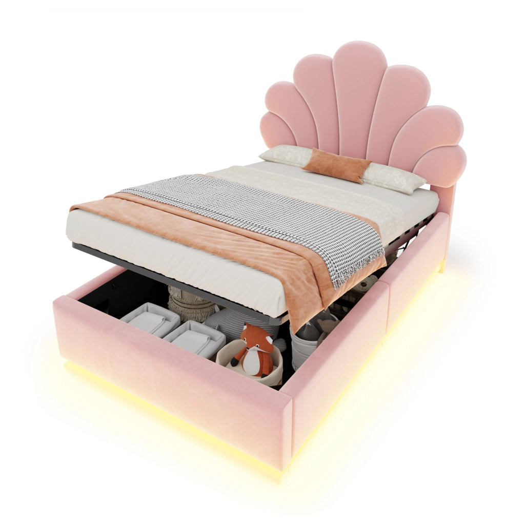 Letto imbottito 90x200 cm con contenitore, LED e testiera floreale