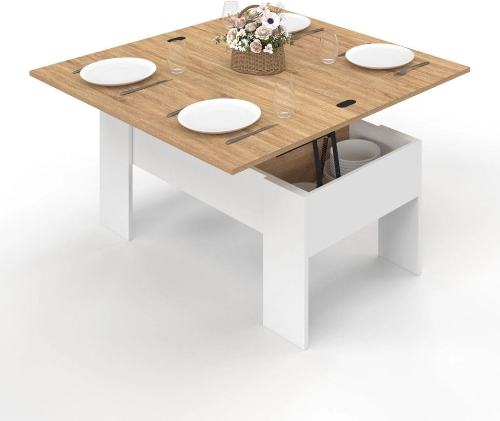 Tavolino rettangolare con piano sollevabile, trasformabile in tavolo da pranzo TARA, in legno bianco e faggio finto