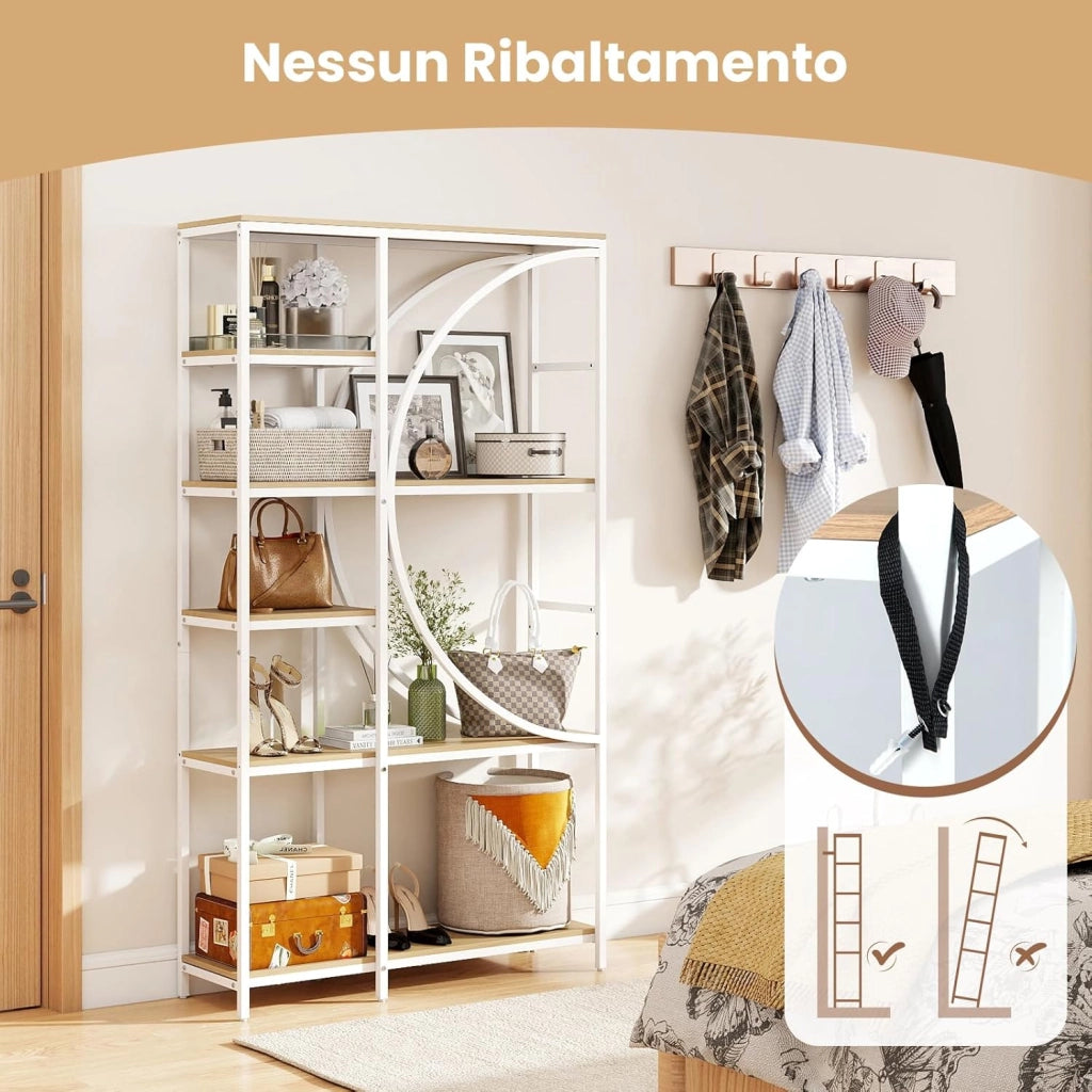 Libreria Moderna a 6 Ripiani Aperti, Scaffale Alto Autoportante Forma di Mezzaluna, Struttura in Metallo, Organizzatore per Soggiorno Ufficio, 100x30x177 cm (Naturale)
