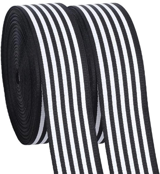 Decorazione con Fili 30 Metri - Nera/Bianca a Strisce - 2,5 cm Larghezza - Tela di Poliestere - Decorazione di Matrimonio/Festa - Progetti di Attività Artigianali - Fili Decorativi
