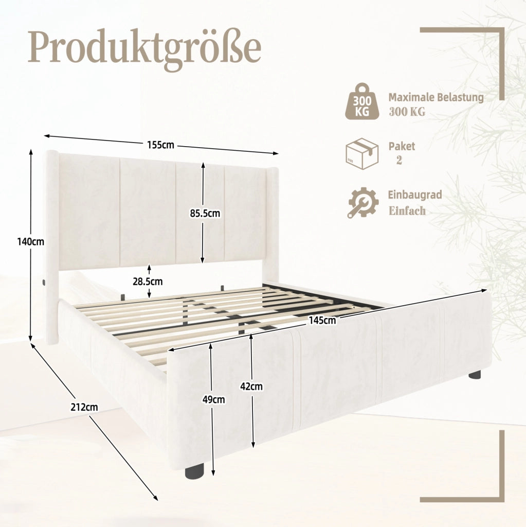 Letto imbottito 140x200 cm con testiera alta e porte USB/Type-C; rivestimento in velluto beige