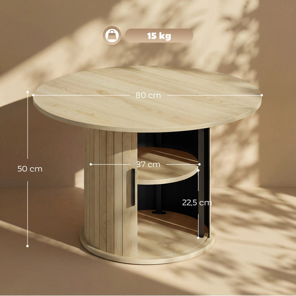 Tavolino da caff¨¨ rotondo con scaffale e porta scorrevole ¨C zephmum ¨C effetto legno naturale