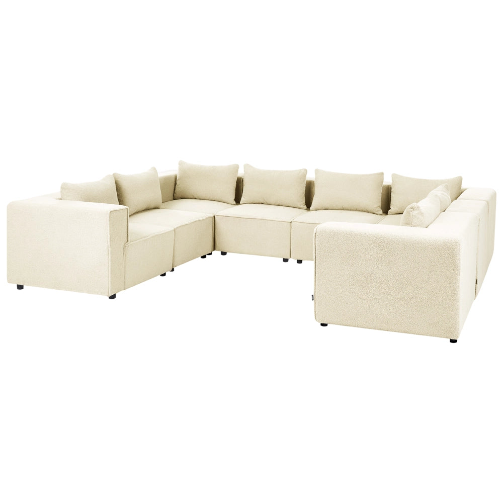 Divano modulare a forma di U in bouclé bianco sporco rivestito in stile moderno