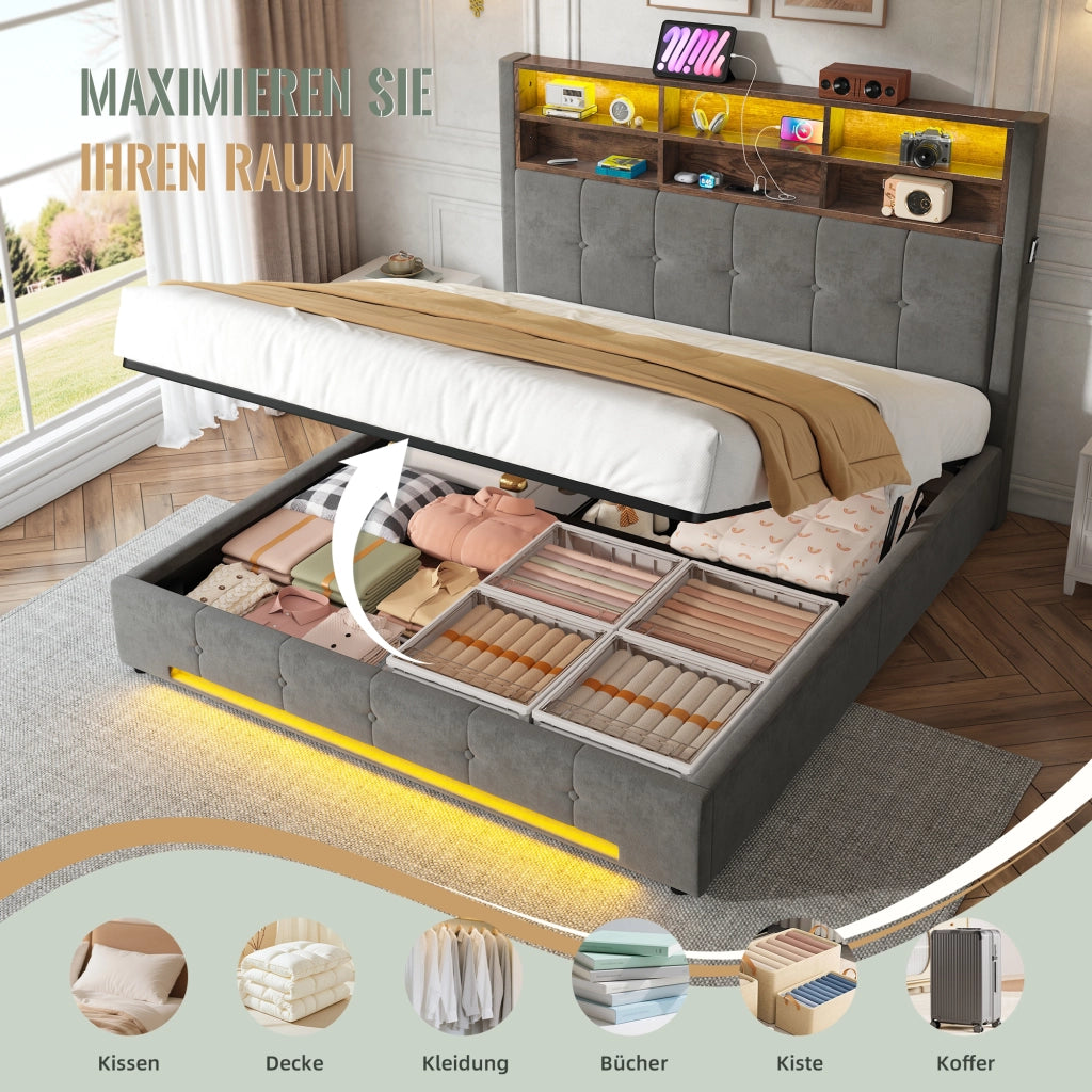 Letto imbottito 160x200 cm idraulico con LED USB e velluto grigio scuro