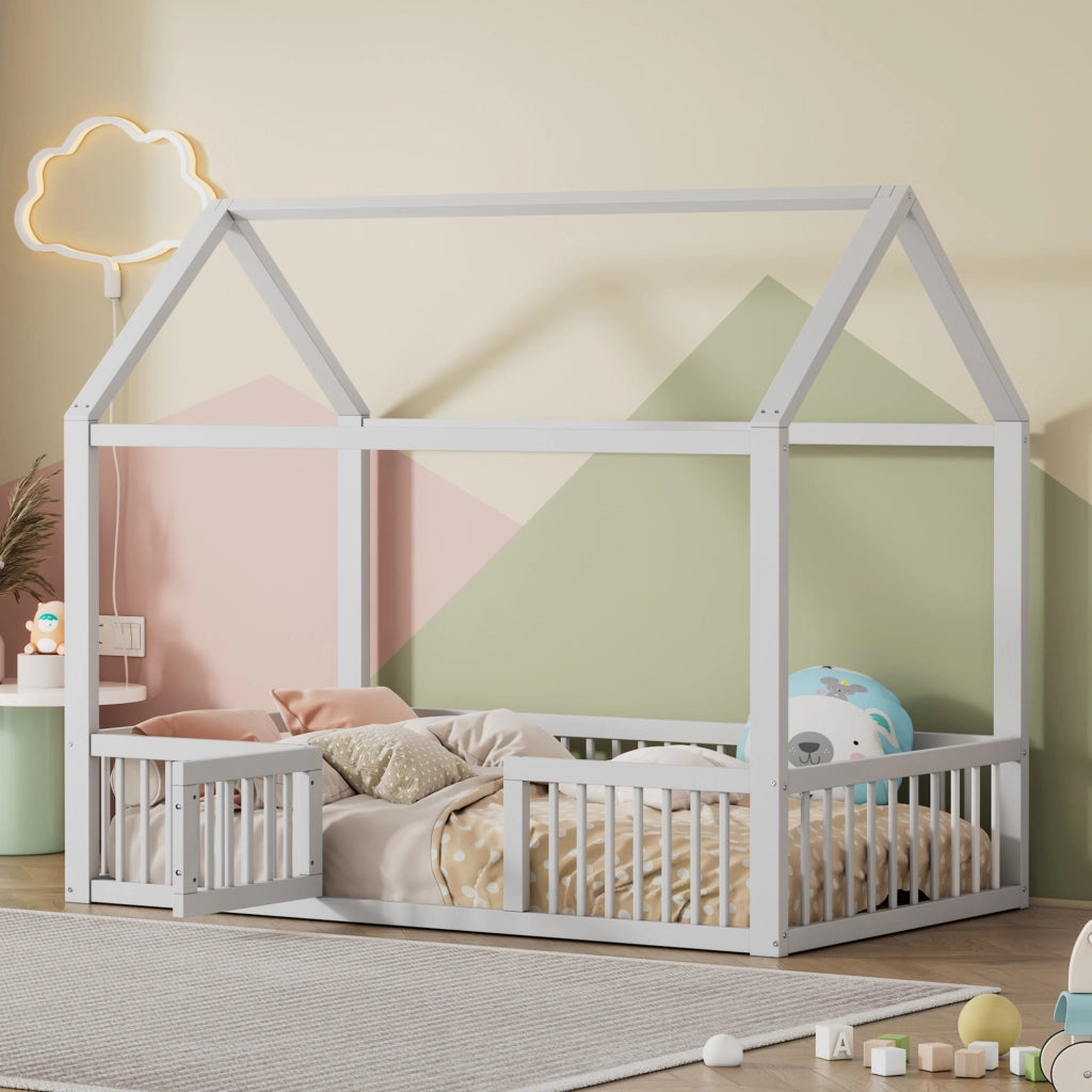 Letto a Casetta 90×200 cm; Letto Singolo con Sponde e Porticina; senza Materasso; in Pino e MDF; Bianco