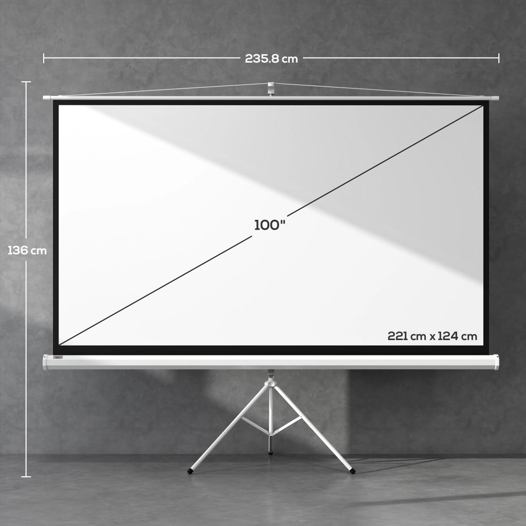 Telo per Proiettore Pieghevole da 100" con Treppiede Regolabile 235,8x8x136 cm in Plastica e Metallo Bianco