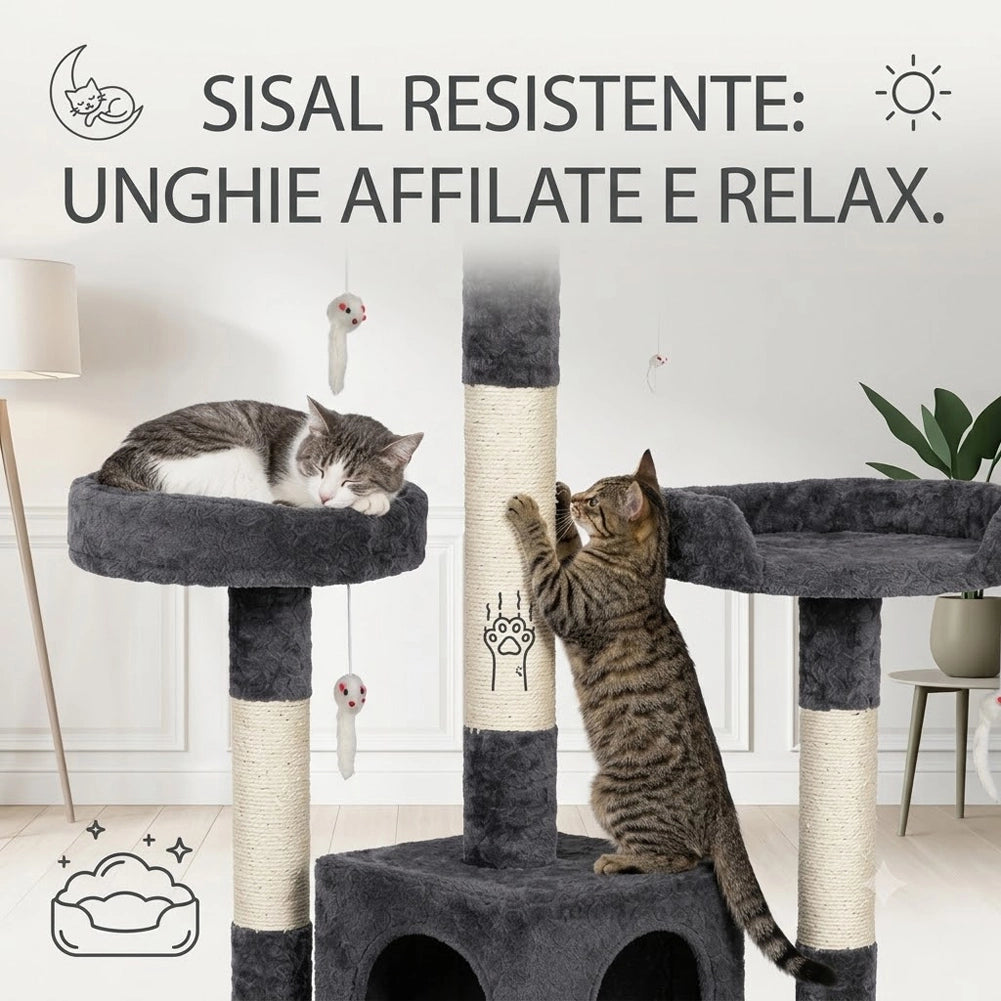Tiragraffi per Gatti Albero Sisal Parco Giochi Gatto Tira Graffi Alto 170cm Grey