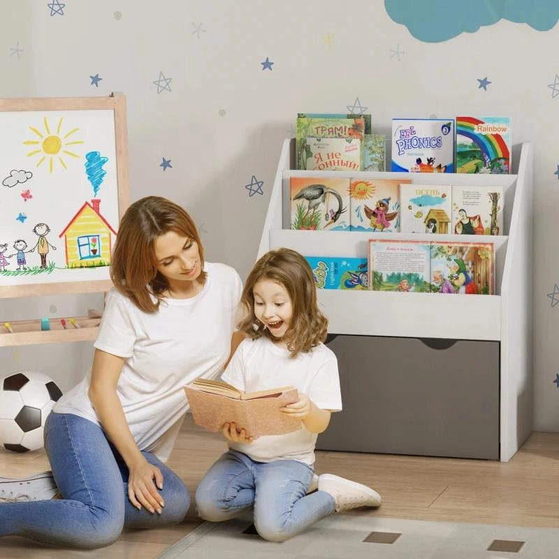 LIBRERIA PER BAMBINI 3-8 ANNI A 3 RIPIANI CON CASSETTO INFERIORE, IN MDF, 62.5X30X70 CM, GRIGIO