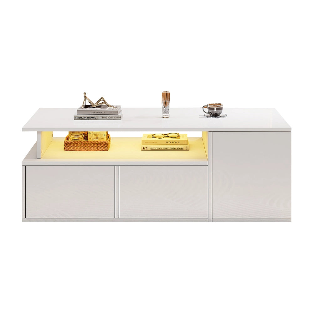 Tavolino-Xylo-100x50x35cm bianco 2 cassetti LED capacit?? 60kg