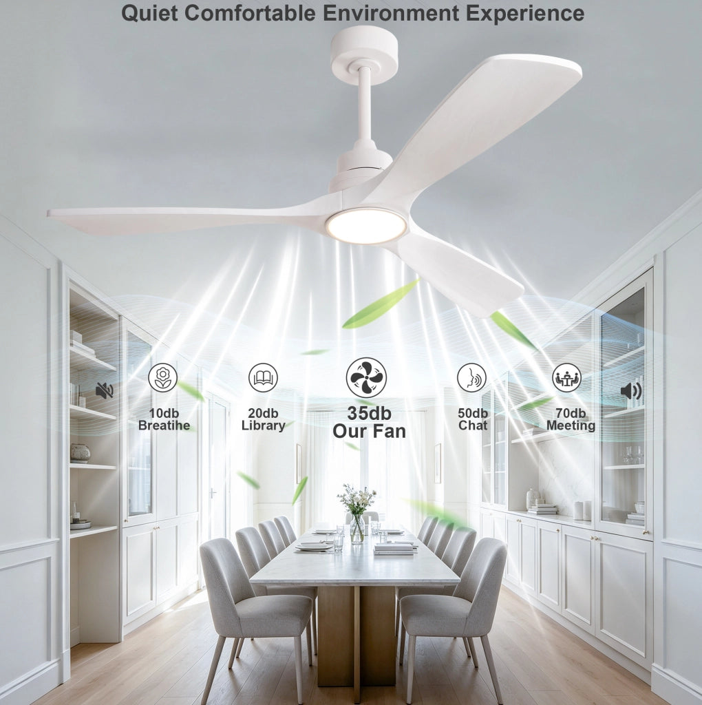 Ventilatore da soffitto 52 pollici con luce LED; 3 pale in legno; bianco