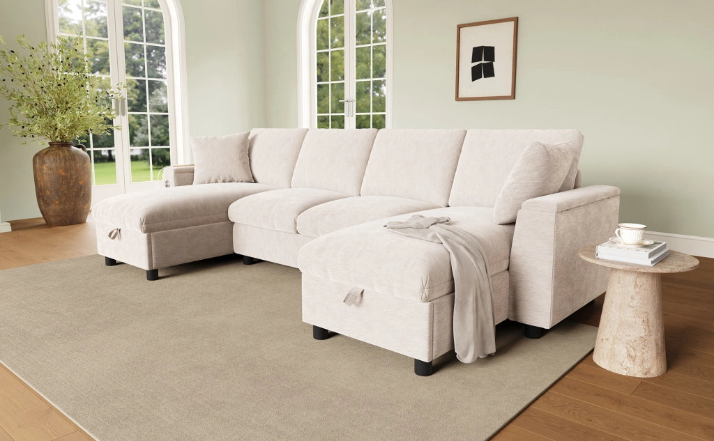 Divano a U con chaise longue e contenitore, porte USB e Type-C, in ciniglia beige, 279 × 135 × 84 cm