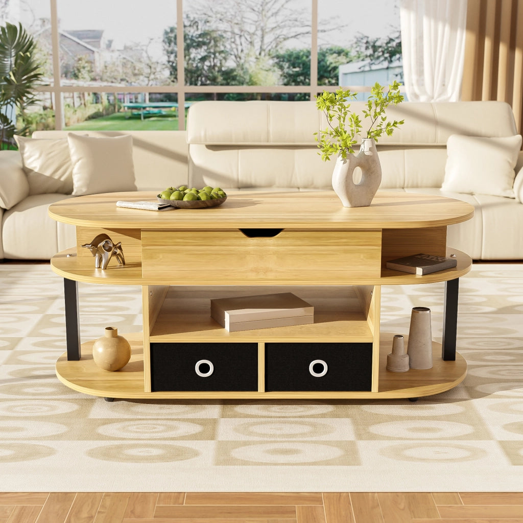 Tavolino da salotto alzabile con 2 Cassetti in tessuto e vano contenitore; per soggiorno; nero e legno; 105 × 50 × 45/60 cm