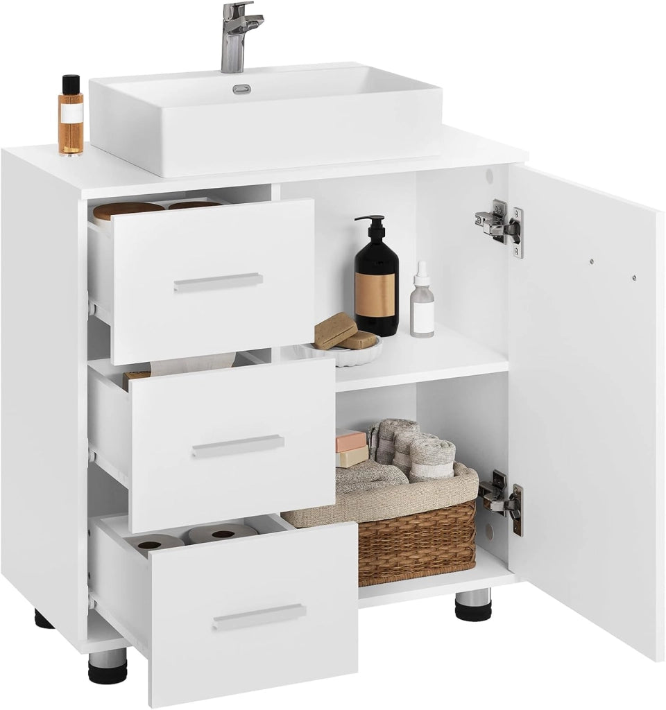 Mobile da Bagno Sottolavello, Mobile con 3 Cassetti e 2 Livelli, per Lavabo da Bagno Bianco, Legno Ingegnerizzato, con Ritaglio Per Sifone D17,5xL10 cm