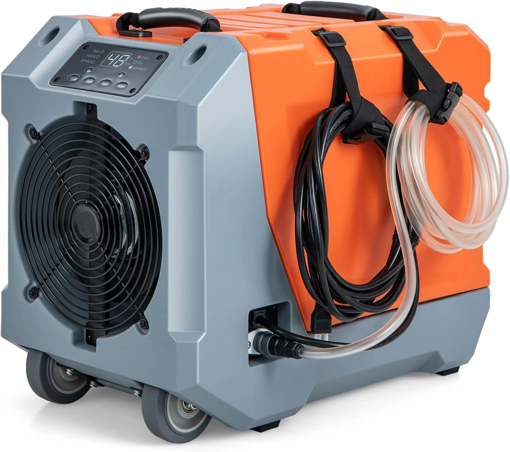 Deumidificatore Commerciale 85 L/Giorno, Deumidificatore con Pompa e Tubo di Scarico, Sbrinamento Automatico, 2 Ruote e Maniglia Pieghevole, Timer 24H, per Cantina Magazzino (Arancione)