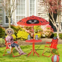 Set Tavolo da Giardino con 2 Sedie Pieghevoli, Tavolino con Sedie da Esterno con Ombrellone per Bambini in Metallo e Poliestere, Rosso